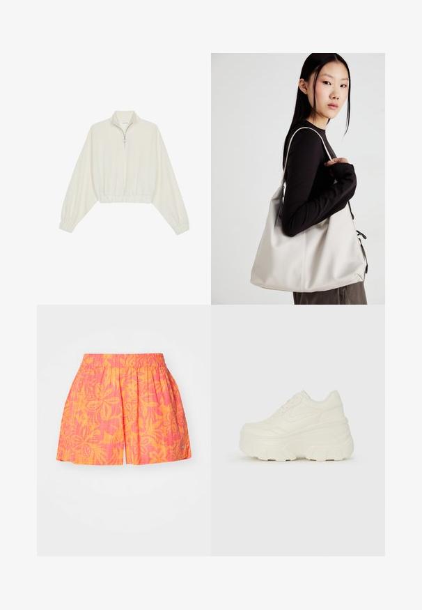 Zkrátený pulover z krémového materiálu, s vysokým golierom, polovičným zipsom, elastickým lemom a manžetami, s hladkou textúrou a minimalistickým dizajnom.; Ružové a oranžové šortky s kvetinovým vzorom, vybavené elastickým pásom a plisé dizajnom. Vyrobené z ľahkej tkaniny, s malým bočným akcentom.; Biele platformové tenisky s hladkým koženkovým svrchným materiálom, zaobleným tvarom, polstrovaným golierom a textúrovanou gumovou podrážkou s výrazným vzorom.; Béžová kabelka vyrobená z mäkkého materiálu, s uvoľneným dizajnom, prišitými detailmi a dvoma popruhmi na nosenie na pleciach. Vhodná na každodenné nosenie.