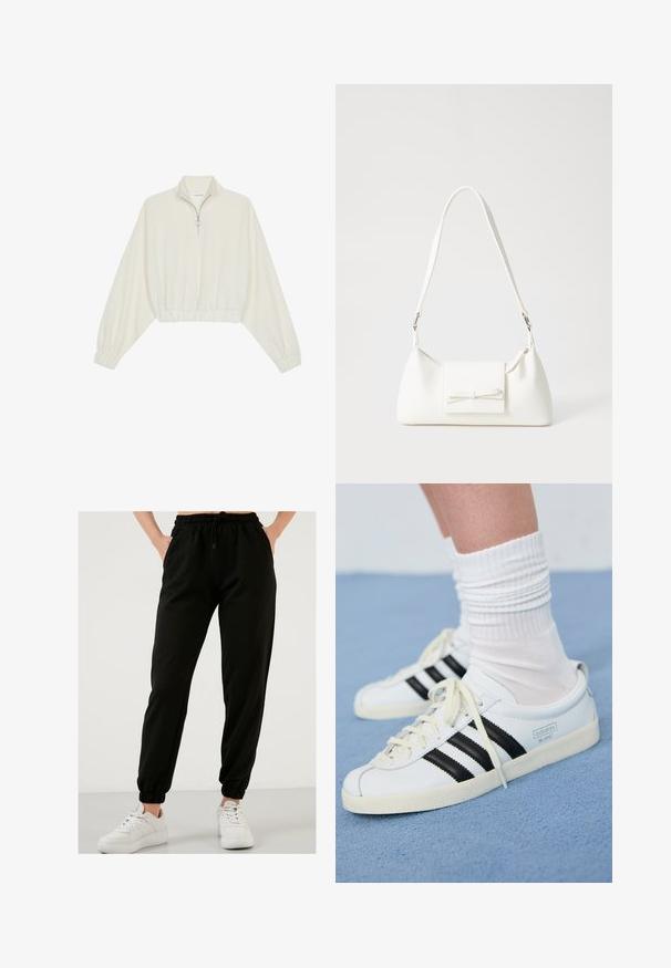 Kreminės spalvos trumpas megztinis, turintis aukštą apykaklę, pusiau užtrauktuką, elastinį apačią irRankovių kraštus, su lygiu paviršiumi ir minimalizuotu dizainu.; Juodos sportinės kelnės, pagamintos iš minkštos medvilnės mišinio, su elastingu juosmeniu, šoninėmis kišenėmis ir siaurėjančiomis kulkšnimis. Išmestos su baltais sportiniais batais.; Baltos odinės sportbačiai su juodomis juostelėmis, kreminiu padu ir šviesiomis raištelėmis. Dėvimi su baltais raukšlėtais kojinėmis, pastatyti ant mėlyno fono.; Balta sintetinė rankinė trikampio formos, plokščiu priekiu su užsegimu, kaspino detale, reguliuojama dirželiu, lygia tekstūra ir minimalistišku dizainu.