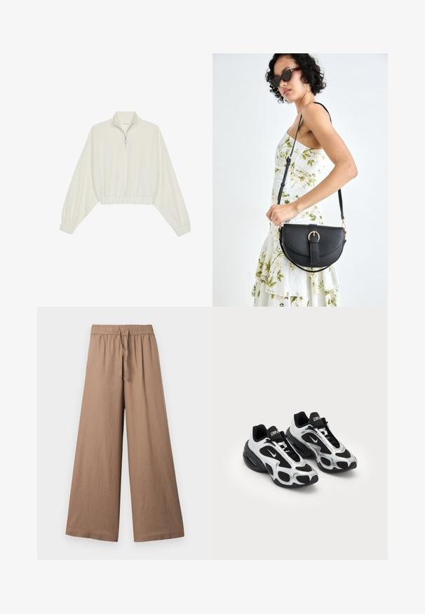 Kreptais pusītes džemperis krēmkrāsā, ar augstu apkakli, puszipa aizdari, elastīgu apakšmalu un aprocēm, ar gludu tekstūru un minimālistisku dizainu.; Plati nozaru bikses no gaiši brūnas auduma, ar elastīgu jostasvietu un šnoreti, kā arī gludu, strukturētu apdari.; Melnas un sudraba krāsas sporta kurpes ar sietiņu un sintētisku virsu, izceļoties ar izteiktu viļņotu dizainu un mīkstinātu apkaklīti, kā arī gaisa amortizāciju zole.; Melnas ādas rokassoma ar izliekta formu, noņemamu siksnu un zelta aksesuāriem. Somai ir vāciņš ar sprādzes detaļu.; Sudraba divu joslu gredzens ar gludu, pulētu virsmu. Iezīmējas ar plūstošu, izliekta dizaina struktūru ar pārklājošām sekcijām modernam izskatam.