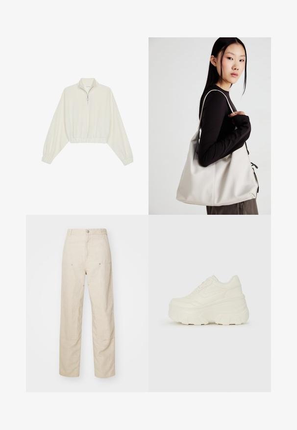 Kreemfarbenest lühikese varrukaga kudum, millel on kõrge kaelus, pool tõmblukk, elastne allosa ja varrukad, sile tekstuur ja minimaalne disain.; Beez värvi lina püksid, millel on mugav lõige, küljetaskud ja dekoratiivsed õmblused, sujuv vöökoht ning sirged sääred.; Valged platvormi tõusukingad, millel on siledast nahast meenutav pealis, ümar kuju, pehmendatud kaelus ja tekstureeritud kummitald koos selgete hüdrofoobsete mustritega.; Bež käekott pehme materjali, millel on lõtv disain, õmblustega detailid ja kaks õlarihma. Sobib igapäevaseks kasutamiseks.