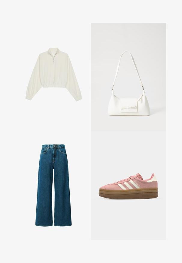 Kratka pulover v kremnem blagu, z visokim ovratnikom, pol-zadrgo, elastičnim robom in manšetami, z gladko teksturo in minimalističnim oblikovanjem.; Visokotlačne široke hlače iz temno modrega džinsa. Imajo pet žepov, zanke za pas in vidno šivanje ob šivih.; adidas Originals GAZELLE BOLD - Športni copati - mauve/off white; Bela sintetična torbica v obliki trikotnika, z ravnim sprednjim poklopcem in detajlom mašne, nastavljivim trakom, gladko teksturo in minimalističnim dizajnom.