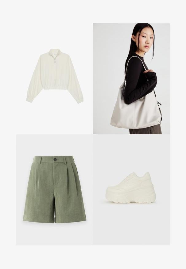 Pullover court en tissu crème, avec un col haut, fermeture éclair à mi-hauteur, ourlet et poignets élastiqués, offrant une texture lisse et un design minimaliste.; Shorts plissés verts en tissu texturé. Dotés d'une fermeture à bouton et d'un ourlet droit, avec une coupe ajustée.; Baskets plateformes blanches avec une tige en simili cuir lisse, une forme arrondie, un col rembourré et une semelle en caoutchouc texturé avec des crampons définis.; Sac à main beige en matériau souple, avec un design décontracté, des détails cousus et deux poignées. Idéal pour un usage quotidien.