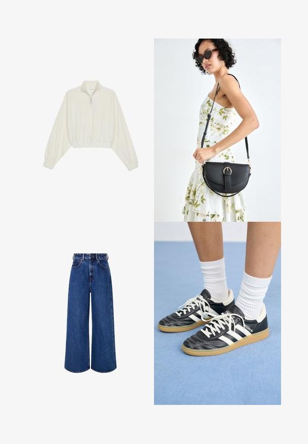 Skraćeni pulover od kremastog materijala, s visokim ovratnikom, zatvaranjem na polovicu munje, elastičnim rubom i manžetama, s glatkom teksturom i minimalnim dizajnom.; Tamne traperice širokih nogavica u tamnoplavoj boji. Imaju visok struk, kontrastne šavove, prednje džepove i kopčanje na dugme.; Crne kožne atletike s bijelim trakama, okruglim prstima, bijelim vezicama i gumeni potplat. Naglašene jastučićem oko gležnja i detaljima s brandingom.; Crna kožna torba s lukovitim oblikom, odvojivim remenom i zlatnim detaljima. Torba ima preklop s kopčom.