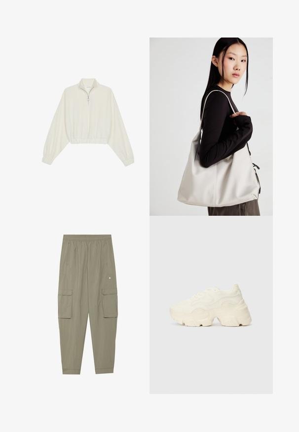 Kreemfarbenest lühikese varrukaga kudum, millel on kõrge kaelus, pool tõmblukk, elastne allosa ja varrukad, sile tekstuur ja minimaalne disain.; Oliviroheline riie, millel on elastne vöökoht, küljetaskud ja kaks suurt eesmist cargo taskut. Sile ja kerge tekstuur.; Paksud valged tennised, mis on valmistatud tekstureeritud võrgu- ja sünteetilistest materjalidest, pakuvad paksu tallaga ja keerukat mustrit külgedel.; Bež käekott pehme materjali, millel on lõtv disain, õmblustega detailid ja kaks õlarihma. Sobib igapäevaseks kasutamiseks.