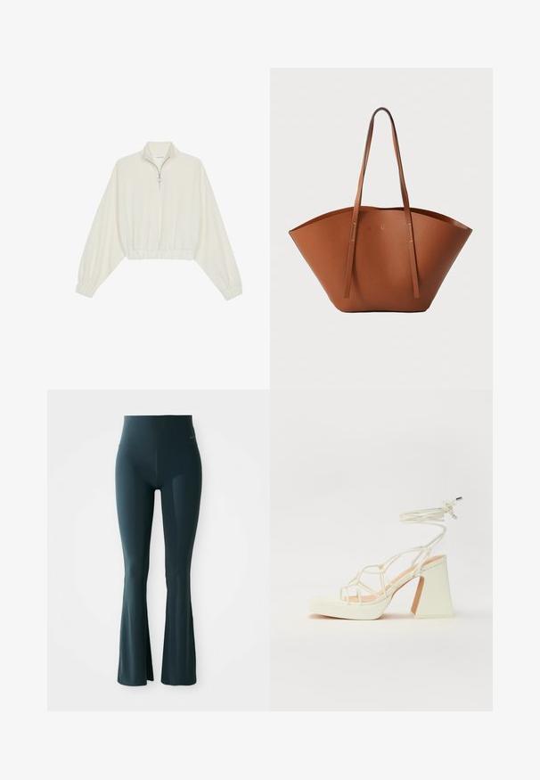 Skraćeni pulover od kremastog materijala, s visokim ovratnikom, zatvaranjem na polovicu munje, elastičnim rubom i manžetama, s glatkom teksturom i minimalnim dizajnom.; Tamnozelene uske tajice sa širokim pojasom, izrađene od rastezljivog materijala. Sadrže suptilan detalj loga blizu struka. Glatka tekstura.; Bijela sandala na visokoj potpetici s debelim petom, s remenom i vezanjem oko gležnja. Glatka tekstura s platformom sprijeda za dodatnu visinu.; Smeđa kožna torba za nošenje s širokim, strukturiranim oblikom, tankim ručkama i teksturiranom površinom. Ima minimalistički dizajn bez vidljivih dijelova metalne opreme.