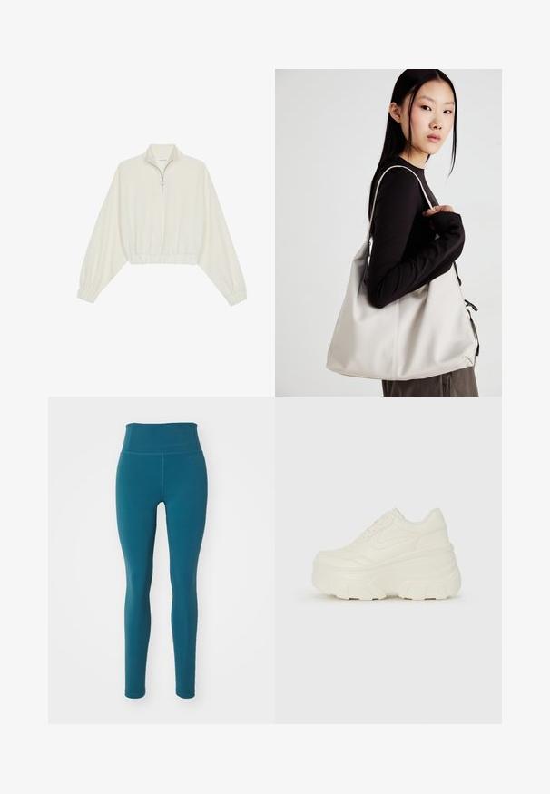 Cropped pullover in cream fabric, featuring a high collar, half-zip closure, elasticated hem and cuffs, with a smooth texture and minimal design.; Girlfriend Collective FLOAT LEGGING LONG - Leggings - dark ixia; White platform sneakers featuring a smooth leather-like upper, rounded shape, padded collar, and textured rubber sole with defined treads.; Beige handbag made of soft material, featuring a slouchy design, stitched detailing, and two shoulder straps. Suitable for everyday use.