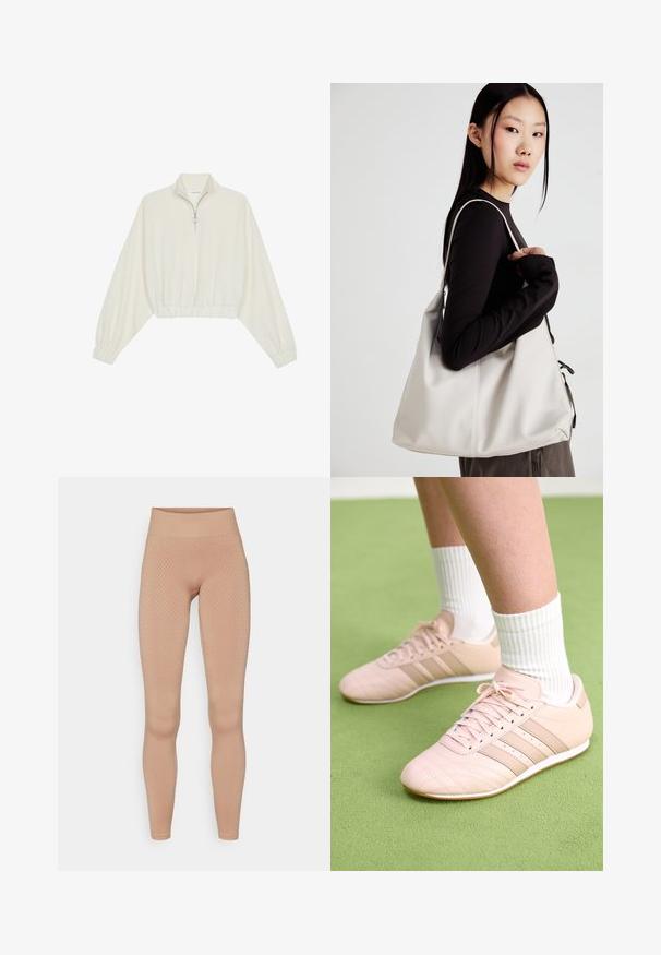 Cropped pullover in cream fabric, featuring a high collar, half-zip closure, elasticated hem and cuffs, with a smooth texture and minimal design.; Nude-colored leggings with a textured, diamond pattern and a high elastic waistband for added support and comfort.; Light pink athletic shoes with diagonal stitching, white soles, and three lateral stripes. Worn with ribbed white socks on green surface.; Beige handbag made of soft material, featuring a slouchy design, stitched detailing, and two shoulder straps. Suitable for everyday use.