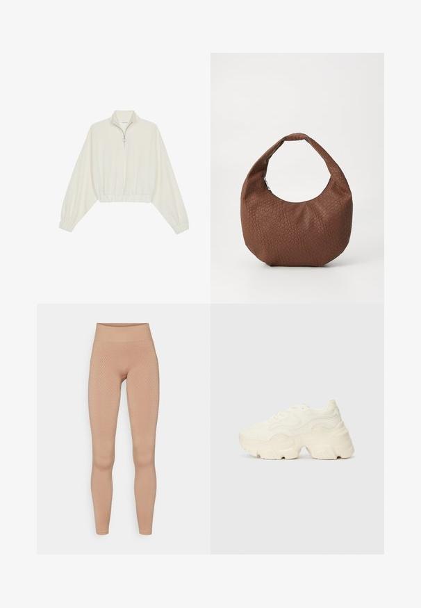 Krém színű, rövidített pulóver, magas gallérral, félig cipzáros záródással, elasztikus derék- és ujjakrésszel, sima textúrával és minimalista dizájnnal.; Bőr színű leggings, amely texturált, diamand alakú mintázattal és magas, rugalmas derékszíjjal rendelkezik a fokozott tartás és kényelem érdekében.; Tömbös fehér sneakers, amely texturált hálóból és szintetikus anyagokból készült, vastag talppal és bonyolult mintázattal az oldalakon.; Barna szőtt kézitáska kerekded formával, egyetlen párnázott fogantyúval és texturált felülettel. Nincsenek látható fémalkatrészek vagy díszítők.