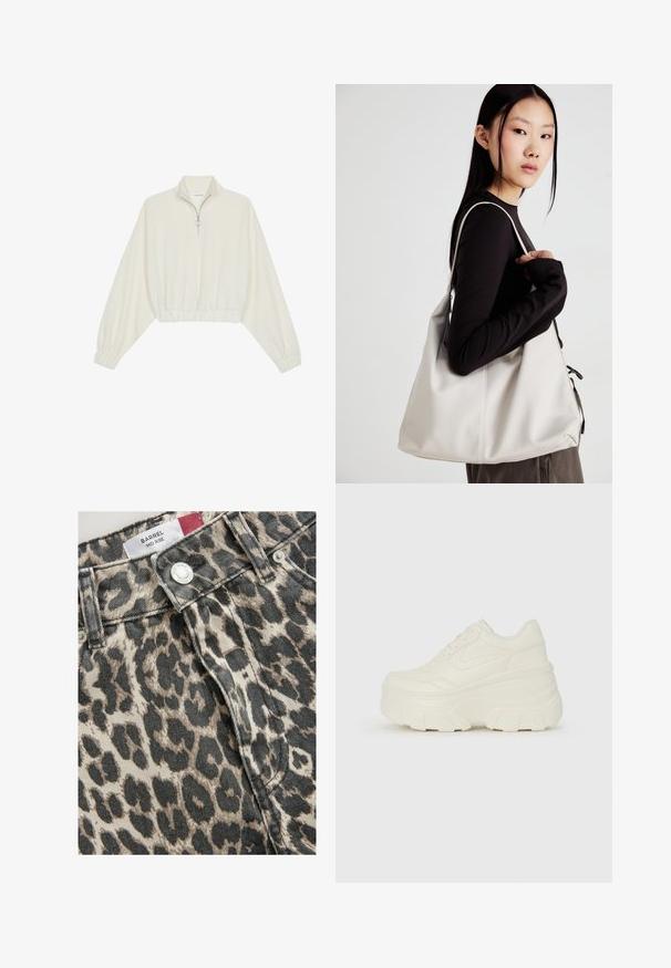 Sudadera cropped en tejido crema, con cuello alto, cierre de media cremallera, dobladillo y puños elásticos, con una textura suave y un diseño minimalista.; Jeans de corte medio con estampado de leopardo, fabricados en denim y que presentan una mezcla de colores beige y negro; incluyen un botón de metal y un cierre frontal.; Zapatillas de plataforma blancas con un upper suave similar al cuero, forma redondeada, cuello acolchado y suela de goma texturizada con surcos definidos.; Bolso de mano beige hecho de material suave, con un diseño holgado, detalles cosidos y dos asas. Adecuado para uso diario.