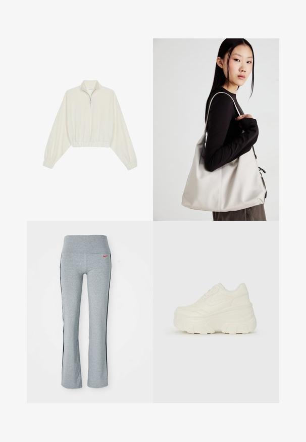 Kreptais pusītes džemperis krēmkrāsā, ar augstu apkakli, puszipa aizdari, elastīgu apakšmalu un aprocēm, ar gludu tekstūru un minimālistisku dizainu.; Pelēki sporta bikses ar platu jostasvietu, ar sarkano Nike logotipu un melnā krāsā sānu svītrām. Izgatavotas no mīksta, izstiepjama materiāla.; Baltie platformas sporta apavi, kas izgatavoti no gludas mākslīgās ādas, ar noapaļotu formu, mīkstu apkakli un teksturētu gumijas zoli ar izteiktiem rakstiem.; Bežs rokassoma, izgatavota no mīksta materiāla, ar brīvu dizainu, izšūtu apdari un divām plecu siksnām. Piemērota ikdienas lietošanai.