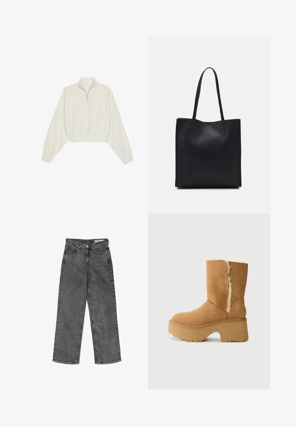 Kort striktrøje i cremefarvet stof med høj krave, halvlynlås, elastisk kant og manchetter, glat tekstur og minimalistisk design.; Højtaljede sorte vasket lige ben jeans med forlommer, bæltestropper, knaplukning og et mærkets indre taljeband.; UGG NEW HEIGHTS CUFF - Vinterstøvler - chestnut; Sort læder tote taske med glat tekstur, rektangulær form og to lange hanke. Ingen synlig hardware eller udsmykninger.