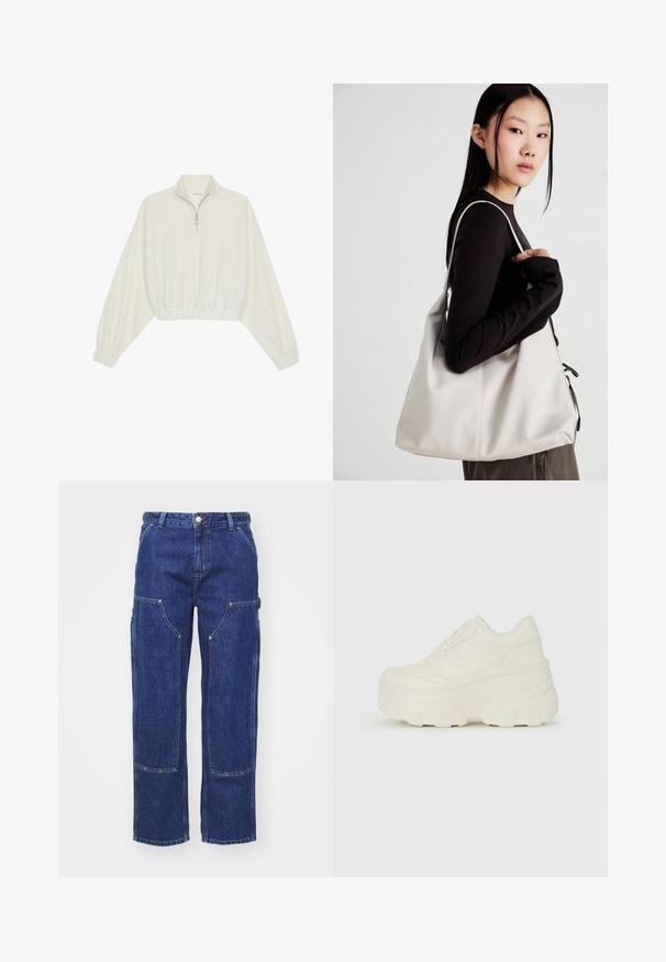 Kratka pulover v kremnem blagu, z visokim ovratnikom, pol-zadrgo, elastičnim robom in manšetami, z gladko teksturo in minimalističnim oblikovanjem.; Carhartt WIP NASHUA DOUBLE KNEE PANT - Široke kavbojke - blue; Bele platformske tene z belim zgornjim delom, ki spominja na usnje, okroglo obliko, oblazinjen ovratnik ter gumo z teksturo na podplatu z izrazitimi profili.; Bežna torbica iz mehkega materiala, z ohlapno zasnovo, šivi in dvema naramnicama. Primerna za vsakodnevno uporabo.