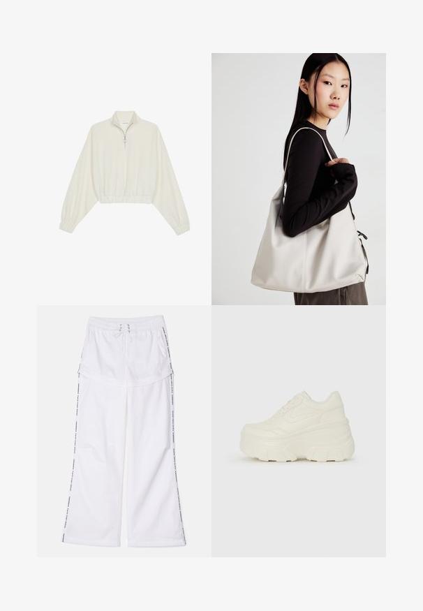 Pullover court en tissu crème, avec un col haut, fermeture éclair à mi-hauteur, ourlet et poignets élastiqués, offrant une texture lisse et un design minimaliste.; Pantalon large blanc avec taille élastique et cordon de serrage. Caractéristiques de rayures latérales avec du texte et une texture relaxante et douce.; Baskets plateformes blanches avec une tige en simili cuir lisse, une forme arrondie, un col rembourré et une semelle en caoutchouc texturé avec des crampons définis.; Sac à main beige en matériau souple, avec un design décontracté, des détails cousus et deux poignées. Idéal pour un usage quotidien.