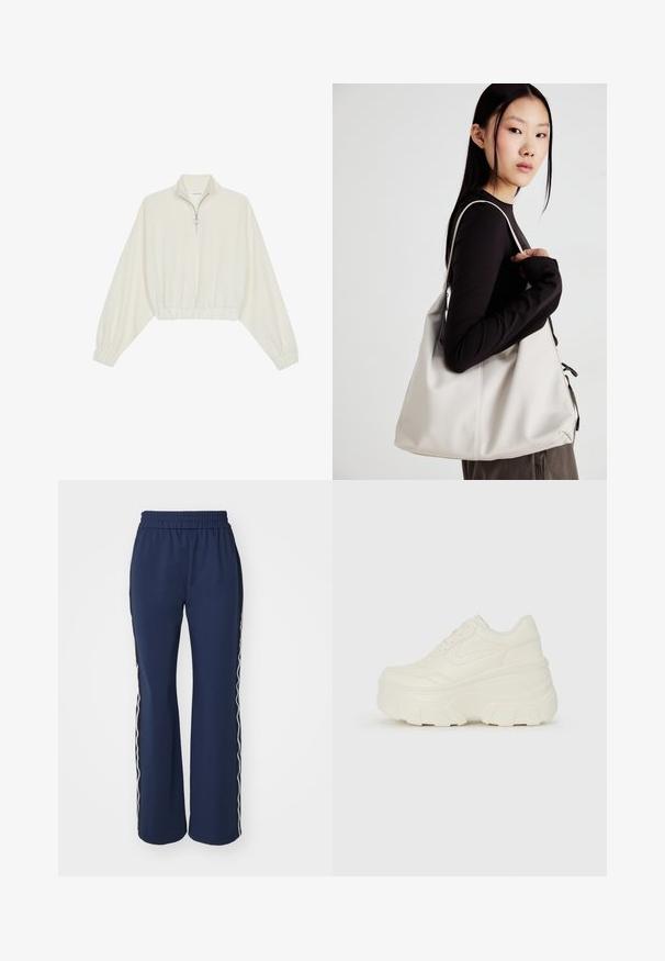 Kreminės spalvos trumpas megztinis, turintis aukštą apykaklę, pusiau užtrauktuką, elastinį apačią irRankovių kraštus, su lygiu paviršiumi ir minimalizuotu dizainu.; ONLY ONLWARM UP TRACK PANT - Treningo apatinė dalis - navy blazer/whitecap/gray; Baltos platformos sportbačiai su lygiu odos primenančiu paviršiumi, apvalia forma, paminkštintu apykakle ir tekstūruotu guminiu padu su ryškiais protektoriais.; Bežinė rankinė, pagaminta iš minkštos medžiagos, turinti laisvą dizainą, siuvinėtas detalės ir dvi petnešos. Tinkama kasdieniam naudojimui.