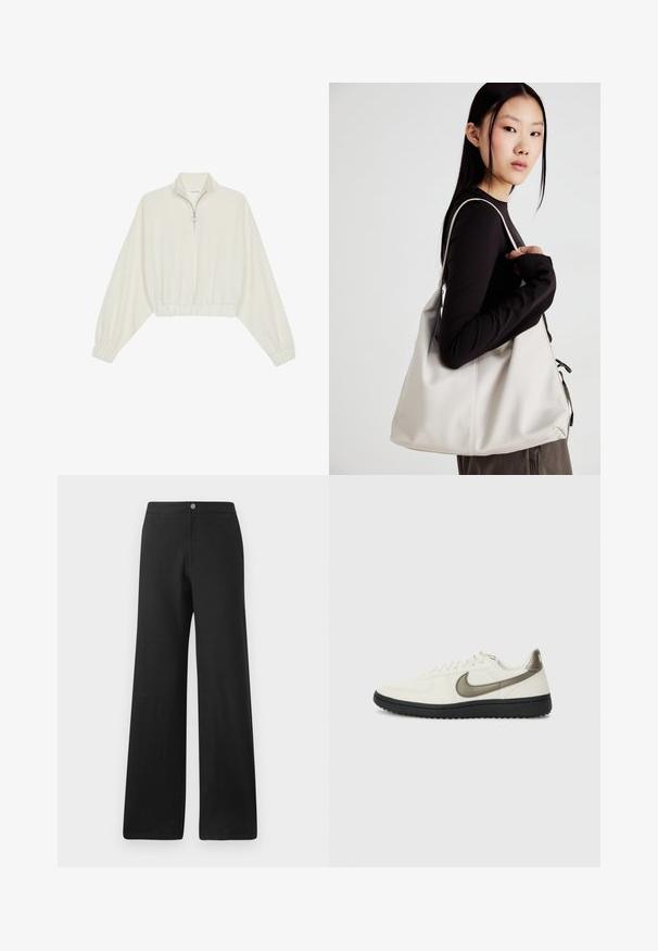 Pulover scurt din stofă crem, cu guler înalt, închidere cu fermoar pe jumătate, elastic la margini și la manșete, cu o textură netedă și un design minimalist.; Pantaloni largi negri, confecționați dintr-un material moale, având închidere cu un buton frontal, linii curate și un design minimalist, fără model.; Nike Sportswear FIELD GENERAL - Sneakers low - off-white/black; Geantă bej din material moale, cu un design lejer, detalii cusute și două bretele pentru umăr. Potrivită pentru utilizarea zilnică.