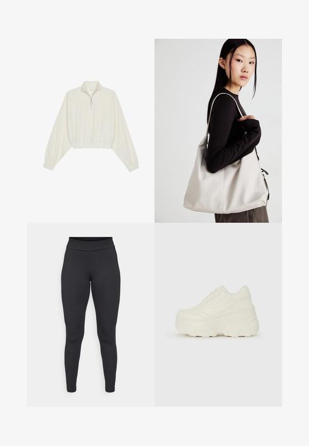 Zkrátený pulover z krémového materiálu, s vysokým golierom, polovičným zipsom, elastickým lemom a manžetami, s hladkou textúrou a minimalistickým dizajnom.; Čierne legíny vyrobené z elastického materiálu, s vysokým pásom, priliehavým strihom a hladkou textúrou bez viditeľných vzorov alebo akcentov.; Biele platformové tenisky s hladkým koženkovým svrchným materiálom, zaobleným tvarom, polstrovaným golierom a textúrovanou gumovou podrážkou s výrazným vzorom.; Béžová kabelka vyrobená z mäkkého materiálu, s uvoľneným dizajnom, prišitými detailmi a dvoma popruhmi na nosenie na pleciach. Vhodná na každodenné nosenie.