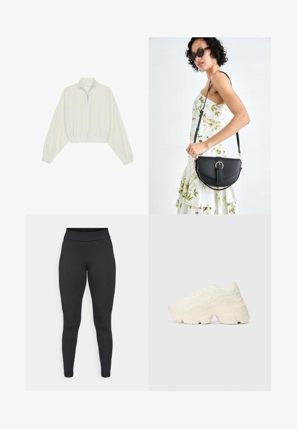 Cropped pullover in cream fabric, featuring a high collar, half-zip closure, elasticated hem and cuffs, with a smooth texture and minimal design.; Black leggings made of stretchy fabric, featuring a high waistband, fitted shape, and smooth texture with no visible patterns or accents.; Chunky white sneakers made of textured mesh and synthetic materials, featuring a thick sole and intricate pattern details along the sides.; Black leather handbag with a curved shape, detachable strap, and gold hardware. The bag features a flap with a buckle detail.