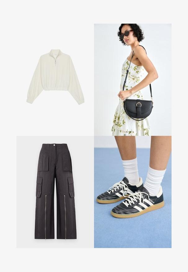 Krém színű, rövidített pulóver, magas gallérral, félig cipzáros záródással, elasztikus derék- és ujjakrésszel, sima textúrával és minimalista dizájnnal.; Sötét szürke cargo nadrág, számos zsebbel, magas derekú, széles lábú kialakítással és cipzáras részletekkel az alsó szegélyen, texturált anyagból készült.; Fekete bőr sportcipők fehér csíkokkal, kerek orral, fehér fűzővel és gumírozott talppal. Párnázott bokarész és márkajelzések emelik ki.; Fekete bőrtáska ívelt formával, levehető pánttal és arany színű fémrészekkel. A táskán egy csattal díszített fedél található.