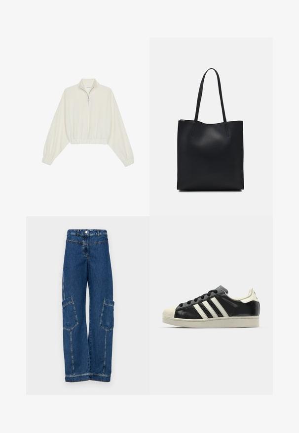 Skraćeni pulover od kremastog materijala, s visokim ovratnikom, zatvaranjem na polovicu munje, elastičnim rubom i manžetama, s glatkom teksturom i minimalnim dizajnom.; Plave traper hlače s visokom stražnjicom, širokim nogavicama, dvije velike bočne džepove te klasičnim detaljima zakovica i šavova.; Crni kožni tenisice s bijelim prugama, gumeni zaštitni vrh, crne vezice i bijela potplata boje krem. Glatka tekstura s sjajnim završetkom.; Crna kožna torba za nošenje s glatkom teksturom, pravokutnim oblikom i dvije duge ručke. Nema vidljivih metalnih dijelova ili ukrasa.