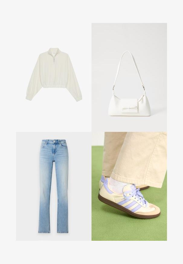 Skraćeni pulover od kremastog materijala, s visokim ovratnikom, zatvaranjem na polovicu munje, elastičnim rubom i manžetama, s glatkom teksturom i minimalnim dizajnom.; Svijetloplave traperice s visokim strukom, ravnim nogavicama i suptilnim izblijedjenjem. Ima pet džepova i petlju za remen.; Kremasto-ljubičaste tenisice s tri pruge i strukturiranim smeškim potplatom, s vezicama i podstavljenim petom. Mekana gornja tkanina.; Bijela sintetička torbica s trokutastim oblikom, ravnim prednjim poklopcem i detaljem u obliku mašne, podesivom remenom, glatkom teksturom i minimalističkim dizajnom.