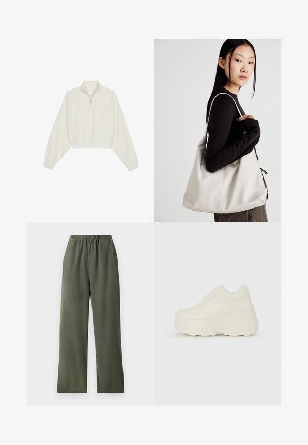 Cropped pullover in cream fabric, featuring a high collar, half-zip closure, elasticated hem and cuffs, with a smooth texture and minimal design.; Green, wide-leg trousers made of soft fabric with an elastic waistband. Features a smooth texture and a simple, minimalist design.; White platform sneakers featuring a smooth leather-like upper, rounded shape, padded collar, and textured rubber sole with defined treads.; Beige handbag made of soft material, featuring a slouchy design, stitched detailing, and two shoulder straps. Suitable for everyday use.