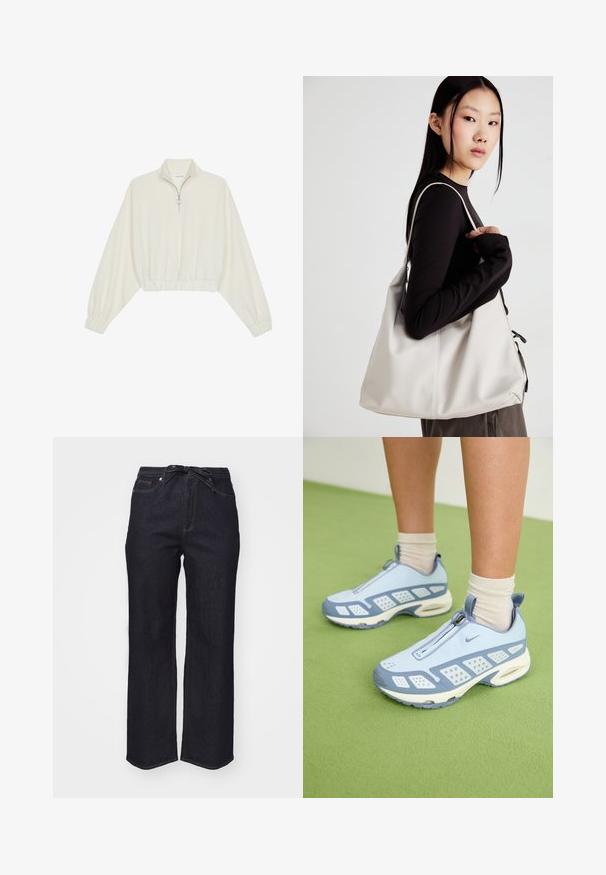 Kreemfarbenest lühikese varrukaga kudum, millel on kõrge kaelus, pool tõmblukk, elastne allosa ja varrukad, sile tekstuur ja minimaalne disain.; Tumedast sinisest denimist püksid kõrge talje, laiade jalgade ja sõlmekaelusega. Omavad standardset õmblust ja puhtaid ääriseid.; Heledad sinised spordijalatsid valgete detailidega, tekstuuriga paneelid ja tõmblukk. Omab nähtavat õhuklotsiga tallat ja kummist välispinda.; Bež käekott pehme materjali, millel on lõtv disain, õmblustega detailid ja kaks õlarihma. Sobib igapäevaseks kasutamiseks.