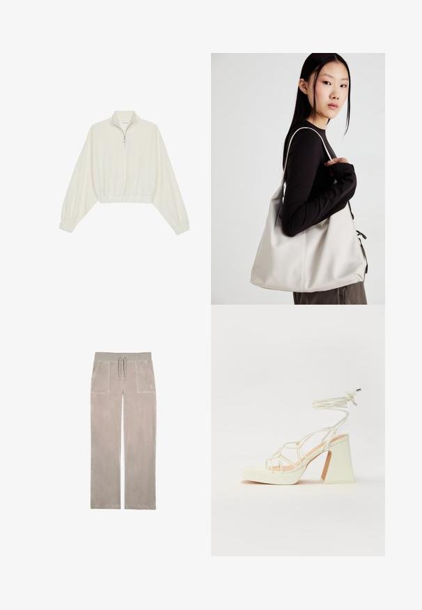 Pullover accorciato in tessuto crema, con colletto alto, chiusura a zip parziale, orlo e polsini elasticizzati, dalla texture liscia e design minimal.; Pantaloni della tuta grigi chiari in morbido tessuto testurizzato; presentano due tasche anteriori e una cintura elastica con cordino.; Sandalo bianco con tacco alto, caratterizzato da un design a cinturini e un legaccio alla caviglia. Texture liscia con una piattaforma frontale per un'altezza aggiuntiva.; Borsa a mano beige realizzata in materiale morbido, caratterizzata da un design morbido, dettagli cuciti e due manici. Adatta per l'uso quotidiano.