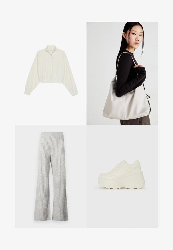 Skraćeni pulover od kremastog materijala, s visokim ovratnikom, zatvaranjem na polovicu munje, elastičnim rubom i manžetama, s glatkom teksturom i minimalnim dizajnom.; Sive rebraste pletene široke hlače s teksturiranim uzorkom i elastikom u struku, s mekim završetkom od tkanine.; Bijele platformske tenisice s glatkim gornjim dijelom koji nalikuje koži, zaobljenim oblikom, podstavljenim okvirom i teksturiranim gumeni potplat s definiranom profilacijom.; Bežna torba od mekog materijala s opuštenim dizajnom, šivanim detaljima i dva remena za rame. Pogodna za svakodnevnu upotrebu.