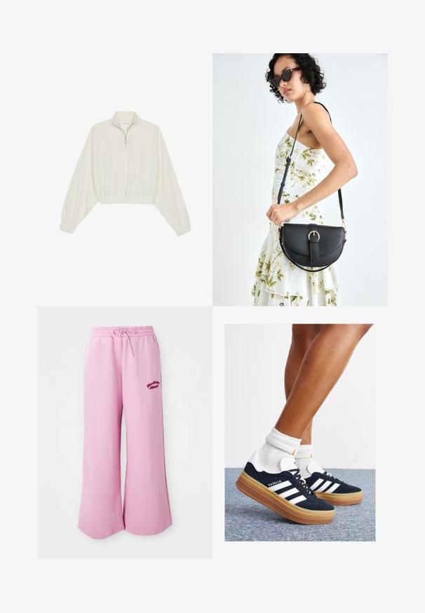 Geknipt pullover in crèmekleurige stof, met een hoge kraag, halve rits, elastische zoom en manchetten, met een soepele textuur en minimalistisch ontwerp.; Lichtroze sweatpants van zacht materiaal, met een wijde pijpontwerp, een elastische tailleband met koord en geborduurd logo-detail.; Zwarte suède sneakers met witte strepen en accenten, ronde neus, gum rubberen buitenzool, gecombineerd met witte geribbelde crewkousen.; Zwarte leren handtas met een gebogen vorm, afneembare schouderband en gouden hardware. De tas heeft een klep met een gespsluiting.