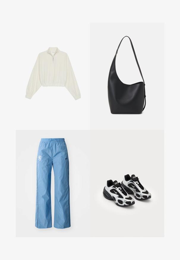 Cropped pullover in cream fabric, featuring a high collar, half-zip closure, elasticated hem and cuffs, with a smooth texture and minimal design.; Light blue, wide-leg pants made of textured fabric, featuring a black side stripe and a white lion graphic on the front. Elastic waistband included.; Black and silver athletic shoes with a mesh and synthetic upper, featuring a distinctive wavy design and padded collar, air cushioning in the sole.; Black leather hobo bag with a smooth texture, curved shape, and single adjustable strap; features a wide opening at the top.