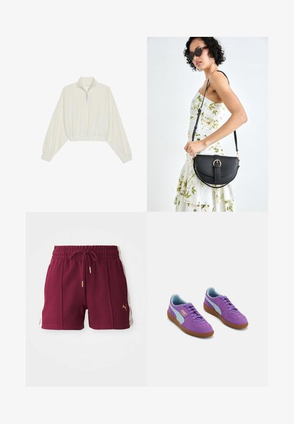 Pullover accorciato in tessuto crema, con colletto alto, chiusura a zip parziale, orlo e polsini elasticizzati, dalla texture liscia e design minimal.; Pantaloni sportivi bordeaux con tessuto testurizzato, vita elastica, lacci e pannelli laterali beige con dettaglio del logo dorato.; Sneakers in suede viola con dettagli e lacci azzurri chiari, dotati di suola in gomma e un logo dorato sul lato per dettagli di branding.; Borsa a tracolla nera in pelle con una forma curva, manico rimovibile e accessori dorati. La borsa presenta una patta con un dettaglio a fibbia.