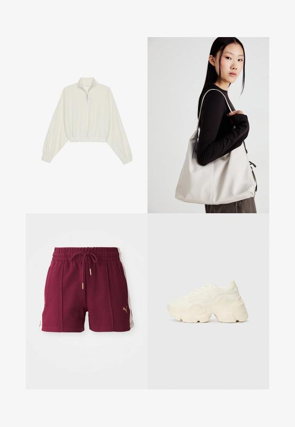 Kreminės spalvos trumpas megztinis, turintis aukštą apykaklę, pusiau užtrauktuką, elastinį apačią irRankovių kraštus, su lygiu paviršiumi ir minimalizuotu dizainu.; Bordo sportiniai šortai su tekstūruotu audiniu, elastinga juosta, raišteliu ir smėlio spalvos šoninėmis juostomis, papuoštomis auksiniu logotipu.; Masyvios baltos sportbačiai, pagaminti iš tekstūruoto tinklelio ir sintetinių medžiagų, pasižymintys storu padu ir išsamiu raštų detalizavimu šonuose.; Bežinė rankinė, pagaminta iš minkštos medžiagos, turinti laisvą dizainą, siuvinėtas detalės ir dvi petnešos. Tinkama kasdieniam naudojimui.