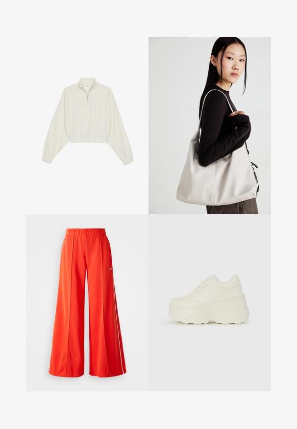 Kreminės spalvos trumpas megztinis, turintis aukštą apykaklę, pusiau užtrauktuką, elastinį apačią irRankovių kraštus, su lygiu paviršiumi ir minimalizuotu dizainu.; Raudonos šviesos medžiagos sportinės kelnės su plačiais kojų pjūviais, elastinga juosta ir baltu Nike logotipu šone.; Baltos platformos sportbačiai su lygiu odos primenančiu paviršiumi, apvalia forma, paminkštintu apykakle ir tekstūruotu guminiu padu su ryškiais protektoriais.; Bežinė rankinė, pagaminta iš minkštos medžiagos, turinti laisvą dizainą, siuvinėtas detalės ir dvi petnešos. Tinkama kasdieniam naudojimui.