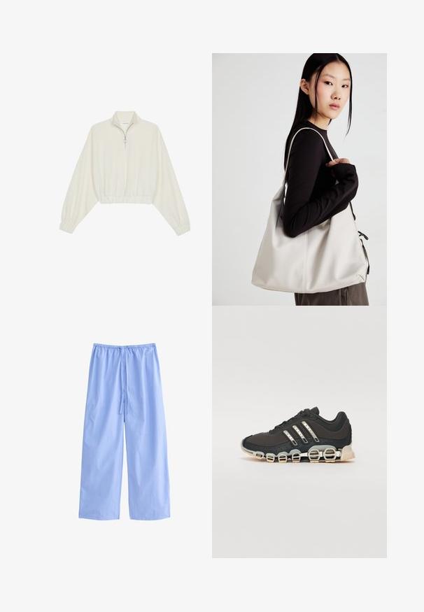Sudadera cropped en tejido crema, con cuello alto, cierre de media cremallera, dobladillo y puños elásticos, con una textura suave y un diseño minimalista.; Pantalones de pierna ancha azul claro, fabricados con un tejido suave y con rayas verticales blancas. Cuentan con una cintura elástica y un cordón de ajuste.; Zapatilla deportiva negra con parte superior texturizada, tres rayas plateadas y una suela de amortiguación distintiva que presenta múltiples secciones integradas.; Bolso de mano beige hecho de material suave, con un diseño holgado, detalles cosidos y dos asas. Adecuado para uso diario.