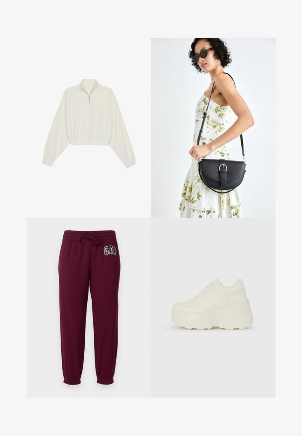 Krém színű, rövidített pulóver, magas gallérral, félig cipzáros záródással, elasztikus derék- és ujjakrésszel, sima textúrával és minimalista dizájnnal.; GAP Petite HERITAGE - Tréningruha alsók - ruby wine; Fehér platform sportcipők, sima bőrszerű felsőrésszel, kerek formával, párnázott bokával és texturált gumitalppal, jól definiált mintázattal.; Fekete bőrtáska ívelt formával, levehető pánttal és arany színű fémrészekkel. A táskán egy csattal díszített fedél található.
