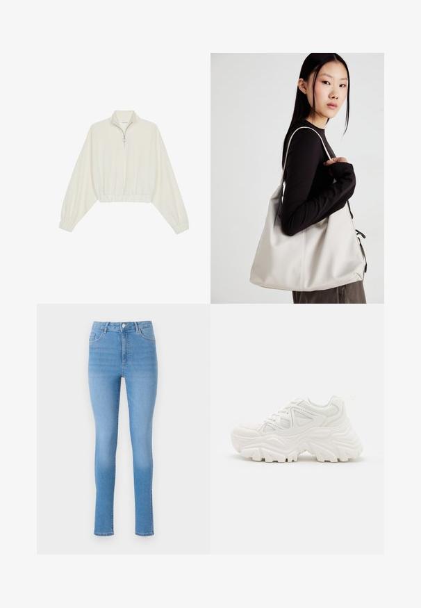 Krém színű, rövidített pulóver, magas gallérral, félig cipzáros záródással, elasztikus derék- és ujjakrésszel, sima textúrával és minimalista dizájnnal.; Vékony farmernadrág világoskék színben, magas derekú kialakítással, öt zsebbel, elöl gombos záródással és enyhe kopással a szegélynél.; Fehér, vastag talpú sportcipők, textúrált felsőrésszel, hálós panelek árnyékolásával és vastag, kiemelkedő mintázatú gumitalppal. Zsinórok és húzófül tartozik hozzá.; Puha anyagból készült bézs kézitáska, laza dizájnnal, varrott részletekkel és két vállpánttal. Mindennapi használatra alkalmas.