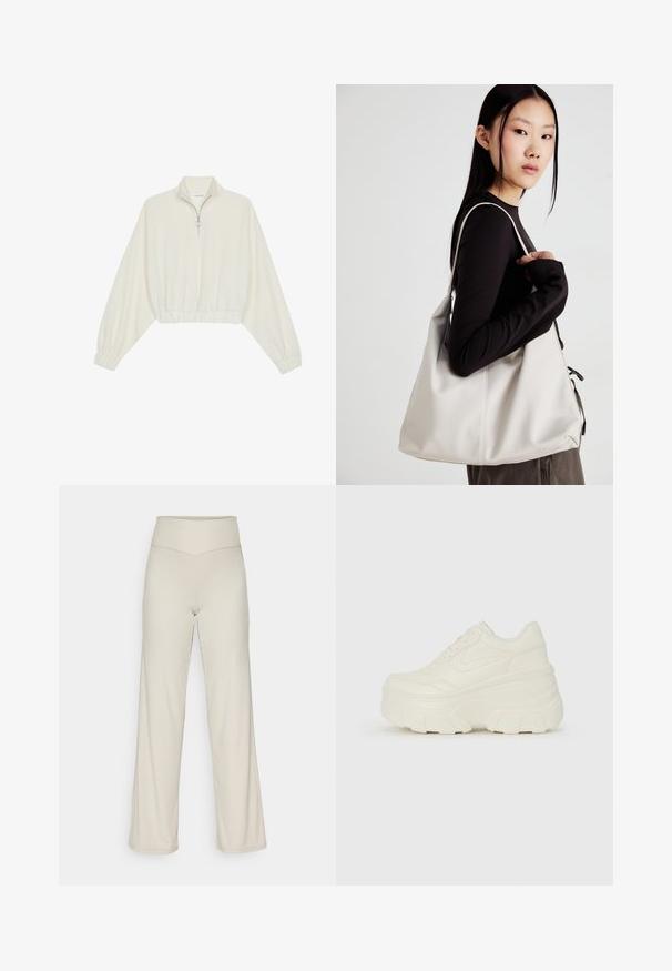 Kort striktrøje i cremefarvet stof med høj krave, halvlynlås, elastisk kant og manchetter, glat tekstur og minimalistisk design.; Beige brede benbukser med ribbet tekstur, høj talje og lige skæring. Har et subtilt split i kanten.; Hvide platform sneakers med en glat læderlignende overdel, rund form, polstret krave og struktureret gummisål med definerede riller.; Beige håndtaske lavet af blødt materiale med et slouchy design, stikninger og to skulderremme. Velegnet til daglig brug.