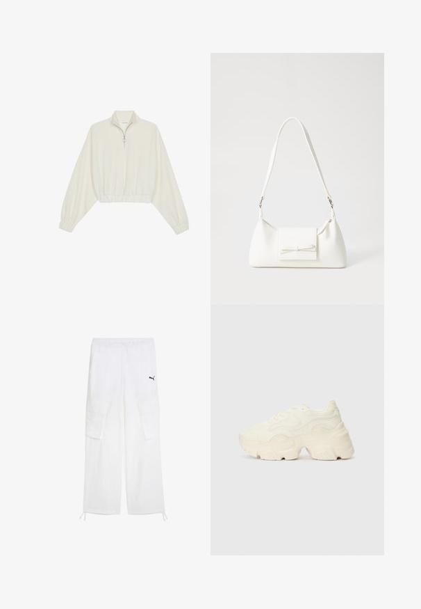 Geknipt pullover in crèmekleurige stof, met een hoge kraag, halve rits, elastische zoom en manchetten, met een soepele textuur en minimalistisch ontwerp.; Witte cargo-broek van lichtgewicht stof met een elastische tailleband, twee grote zijzakken, en een klein zwart logo aan de voorkant.; Chunky witte sneakers gemaakt van geperforeerd mesh en synthetische materialen, met een dikke zool en ingewikkelde patroon details aan de zijkanten.; Witte synthetische handtas met een driehoekige vorm, platte voorklep en strikdetail, verstelbare schouderriem, gladde textuur en minimalistisch ontwerp.