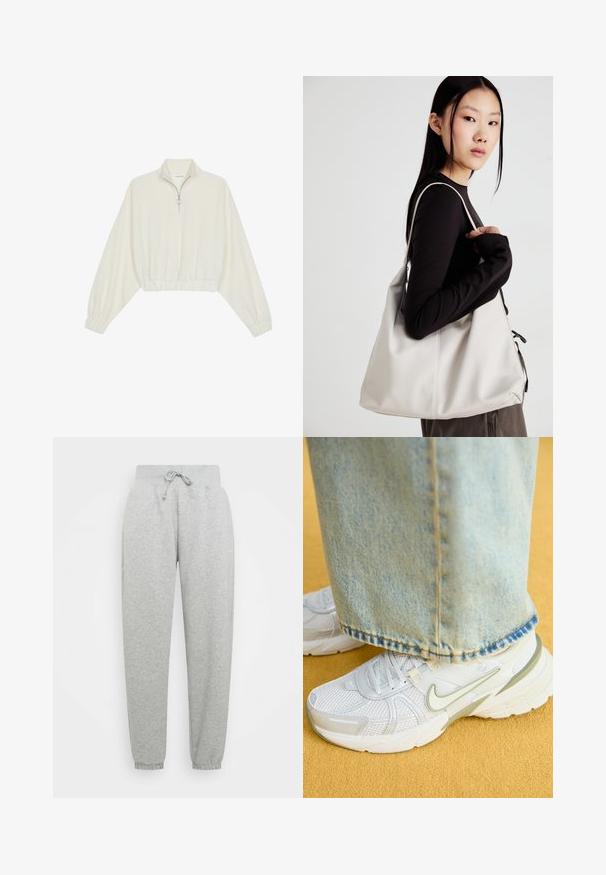 Kreemfarbenest lühikese varrukaga kudum, millel on kõrge kaelus, pool tõmblukk, elastne allosa ja varrukad, sile tekstuur ja minimaalne disain.; Hallid hallid dressipüksid elastse vöökohtaga, reguleeritava paela ja soonikkämmardustega. Valmistatud pehmest kangast; sisaldab kahte külgetaskut.; Valged sportlikud tennisetossud, millel on võrkmaterjalist pealis, rohelised detailid ja tekstuuriga põhi, kombineerituna helesiniste teksadega, millel on rebenenud serv.; Bež käekott pehme materjali, millel on lõtv disain, õmblustega detailid ja kaks õlarihma. Sobib igapäevaseks kasutamiseks.