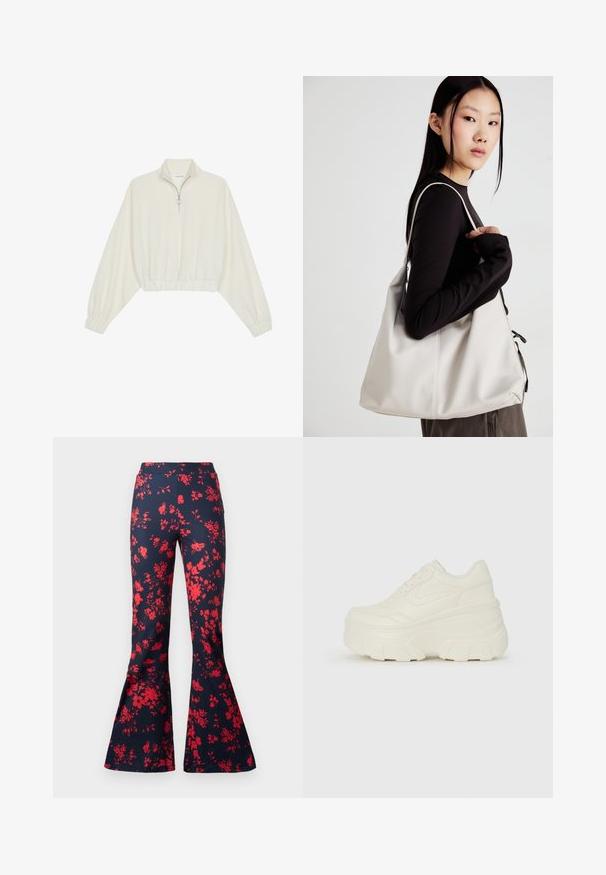 Pullover curto em tecido creme, apresentando um colarinho alto, fecho de meio zíper, bainha e punhos elásticos, com uma textura suave e design minimalista.; Calças largas em tecido azul-marinho com um padrão floral vermelho brilhante. Apresentam uma cintura ajustada e pernas em forma de sino. Textura suave.; Tênis brancos de plataforma com um cabedal suave semelhante a couro, formato arredondado, colarinho acolchoado e sola de borracha texturizada com ranhuras bem definidas.; Uma bolsa bege feita de material macio, com um design descontraído, detalhes de costura e duas alças para o ombro. Adequada para uso diário.