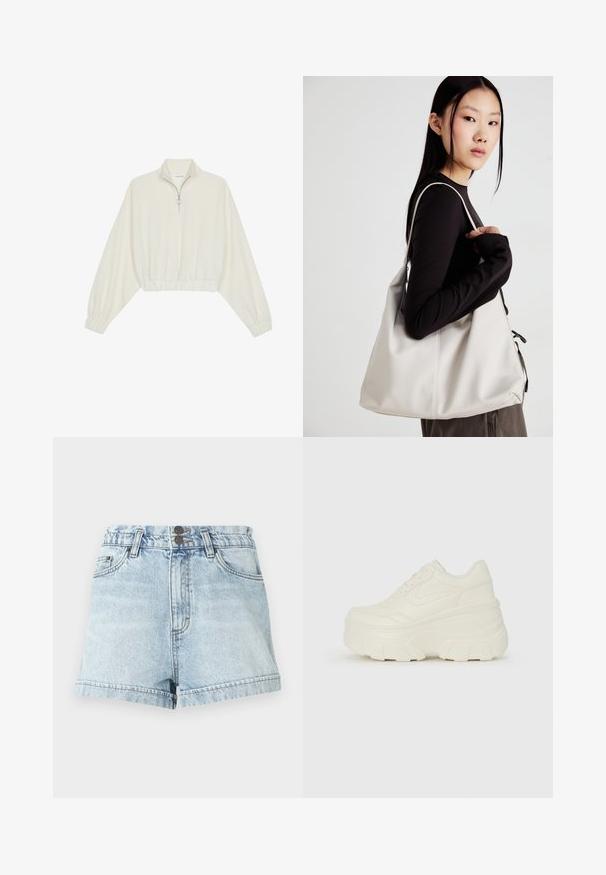 Skraćeni pulover od kremastog materijala, s visokim ovratnikom, zatvaranjem na polovicu munje, elastičnim rubom i manžetama, s glatkom teksturom i minimalnim dizajnom.; Svijetloplave traper kratke hlače visokog struka, s dva prednja džepa, dva gumba i zavrnutim rubovima, s izblijedjelim pranjem i blagim rascvjetavanjem.; Bijele platformske tenisice s glatkim gornjim dijelom koji nalikuje koži, zaobljenim oblikom, podstavljenim okvirom i teksturiranim gumeni potplat s definiranom profilacijom.; Bežna torba od mekog materijala s opuštenim dizajnom, šivanim detaljima i dva remena za rame. Pogodna za svakodnevnu upotrebu.