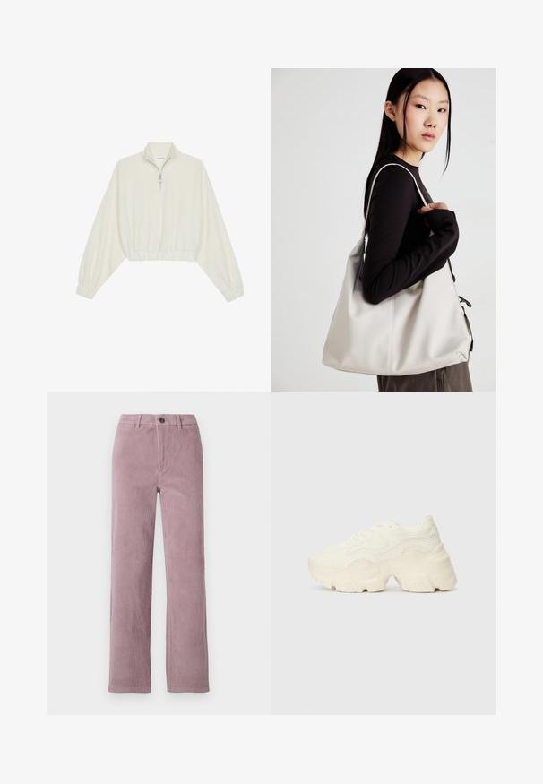 Pullover court en tissu crème, avec un col haut, fermeture éclair à mi-hauteur, ourlet et poignets élastiqués, offrant une texture lisse et un design minimaliste.; Pantalon en velours côtelé de couleur mauve clair avec une coupe droite. Il présente une fermeture à bouton à l'avant et une texture à côtes verticales.; Baskets blanches chunky en maille texturée et matériaux synthétiques, avec une semelle épaisse et des détails en motif complexes sur les côtés.; Sac à main beige en matériau souple, avec un design décontracté, des détails cousus et deux poignées. Idéal pour un usage quotidien.