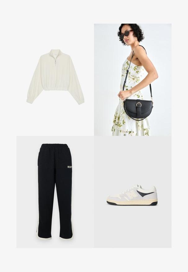 Cropped pullover in cream fabric, featuring a high collar, half-zip closure, elasticated hem and cuffs, with a smooth texture and minimal design.; Black sweatpants with an elastic waist, white side stripes, and a small logo on the front. Made from a soft, textured fabric.; Sport sneaker in white, gray, and black. Features suede and textile materials, perforated toe, and logo on the side. Rubber sole.; Black leather handbag with a curved shape, detachable strap, and gold hardware. The bag features a flap with a buckle detail.