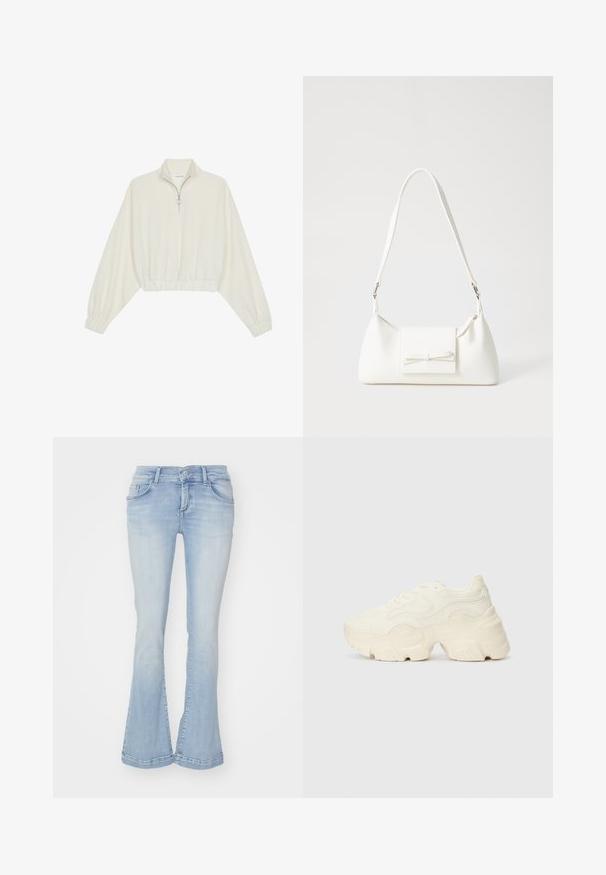 Pullover court en tissu crème, avec un col haut, fermeture éclair à mi-hauteur, ourlet et poignets élastiqués, offrant une texture lisse et un design minimaliste.; Jean flare bleu clair en denim avec cinq poches, passants de ceinture et coutures visibles sur l'ourlet. Texture lisse avec un léger délavage.; Baskets blanches chunky en maille texturée et matériaux synthétiques, avec une semelle épaisse et des détails en motif complexes sur les côtés.; Sac à main synthétique blanc en forme triangulaire, avec un rabat avant plat et un détail en nœud, une bandoulière ajustable, une texture lisse et un design minimaliste.