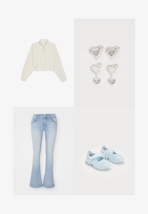 Cropped pullover in cream fabric, featuring a high collar, half-zip closure, elasticated hem and cuffs, with a smooth texture and minimal design.; Light blue flared jeans in denim fabric with five pockets, belt loops, and visible stitching on the hem. Smooth texture with slight fading.; Light blue sneakers with mesh fabric, prominent cut-outs in the sole, and a Velcro strap across the top for secure fit.; Silver heart-shaped earrings feature faceted clear stones, with a textured frame. The set includes stud and drop styles.
