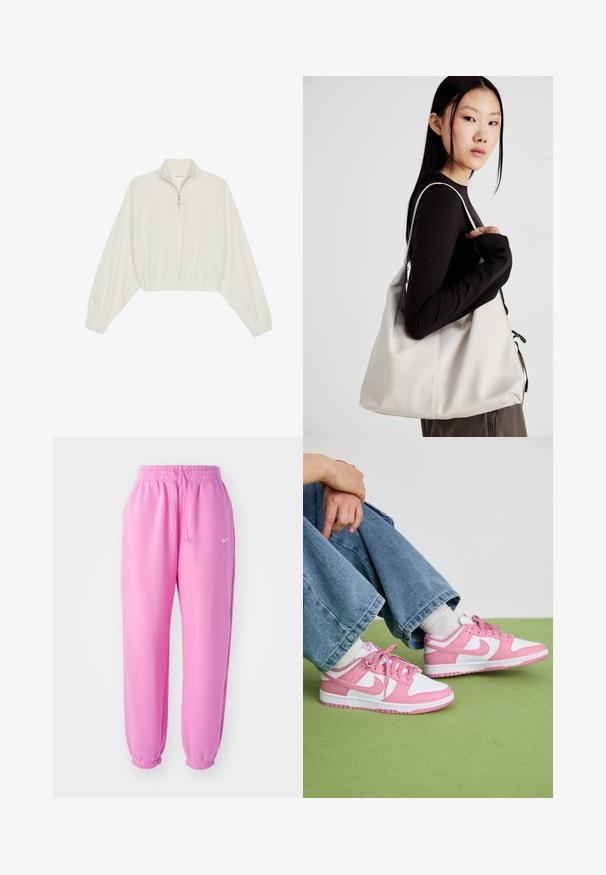 Pullover curto em tecido creme, apresentando um colarinho alto, fecho de meio zíper, bainha e punhos elásticos, com uma textura suave e design minimalista.; Calças de moletom cor-de-rosa com cintura elástica e cordão. As bainhas são franzidas. Apresenta um pequeno logótipo branco da Nike na coxa esquerda.; Ténis Nike em rosa e branco, com materiais em couro e rede, apresentando designs contrastantes, bico redondo e atacadores e detalhes em rosa a condizer.; Uma bolsa bege feita de material macio, com um design descontraído, detalhes de costura e duas alças para o ombro. Adequada para uso diário.