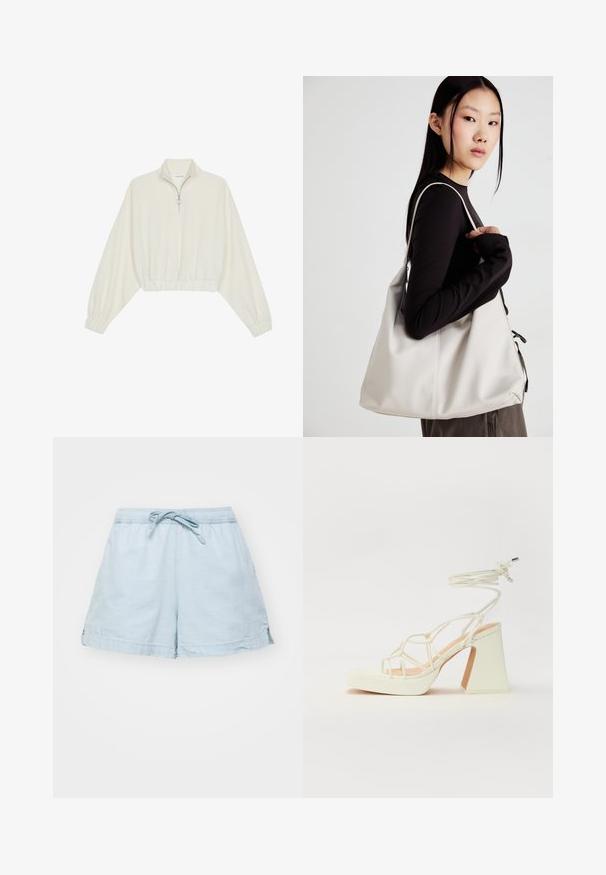 Kreptais pusītes džemperis krēmkrāsā, ar augstu apkakli, puszipa aizdari, elastīgu apakšmalu un aprocēm, ar gludu tekstūru un minimālistisku dizainu.; Gaiši zili, viegli šorti ar elastīgu jostasvīru un auklu. Iespējas sānu kabatas un brīvs piegriezums, izgatavoti no mīkstas auduma.; Baltas augstpapēžu sandales ar masīvu papēdi, ar siksnu dizainu un potītes saistītiem elementiem. Gluda tekstūra ar platformu priekšpusē, lai nodrošinātu papildu augstumu.; Bežs rokassoma, izgatavota no mīksta materiāla, ar brīvu dizainu, izšūtu apdari un divām plecu siksnām. Piemērota ikdienas lietošanai.