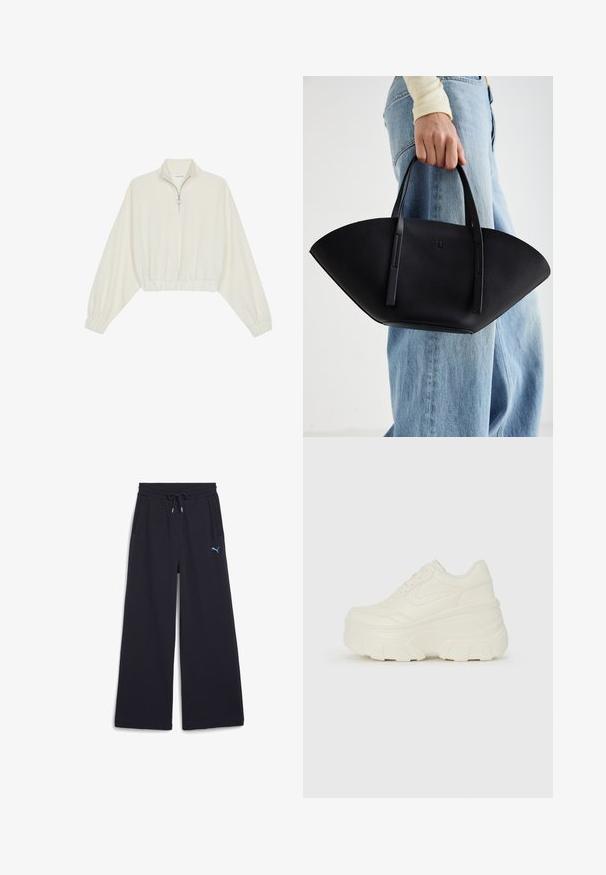 Kort striktrøje i cremefarvet stof med høj krave, halvlynlås, elastisk kant og manchetter, glat tekstur og minimalistisk design.; Marineblå brede sweatpants med elastisk talje, snøre og sidelommer. Har et lille blåt Puma-logo på venstre lår.; Hvide platform sneakers med en glat læderlignende overdel, rund form, polstret krave og struktureret gummisål med definerede riller.; Sort læderhåndtaske med en unik vifteform, der har flade håndtag. Overfladen har en pebblelignende tekstur og et minimalistisk design.
