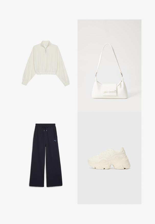 Kreminės spalvos trumpas megztinis, turintis aukštą apykaklę, pusiau užtrauktuką, elastinį apačią irRankovių kraštus, su lygiu paviršiumi ir minimalizuotu dizainu.; Tamsiai mėlynos plačios kelnės su elastingu juosmeniu, raišteliu ir šoninėmis kišenėmis. Kairėje šlaunyje yra nedidelis mėlynas Puma logotipas.; Masyvios baltos sportbačiai, pagaminti iš tekstūruoto tinklelio ir sintetinių medžiagų, pasižymintys storu padu ir išsamiu raštų detalizavimu šonuose.; Balta sintetinė rankinė trikampio formos, plokščiu priekiu su užsegimu, kaspino detale, reguliuojama dirželiu, lygia tekstūra ir minimalistišku dizainu.