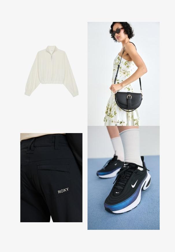 Kratka pulover v kremnem blagu, z visokim ovratnikom, pol-zadrgo, elastičnim robom in manšetami, z gladko teksturo in minimalističnim oblikovanjem.; Črne hlače z gladko teksturo, krojem po meri in velikimi zadnjimi žepi. Na desnem žepu je izvezena Roxy oznaka v beli barvi.; Črne Nike športne copate z gladkim zgornjim delom iz tkanine, ki imajo gradientni dizajn od modre do črne, belo podplat in izrazite logotipne akcenta.; Črna usnjena torbica s ukrivljeno obliko, z odstranljivo naramnico in zlatimi dodatki. Torbica ima pokrov s podrobnostmi v obliki zaponke.